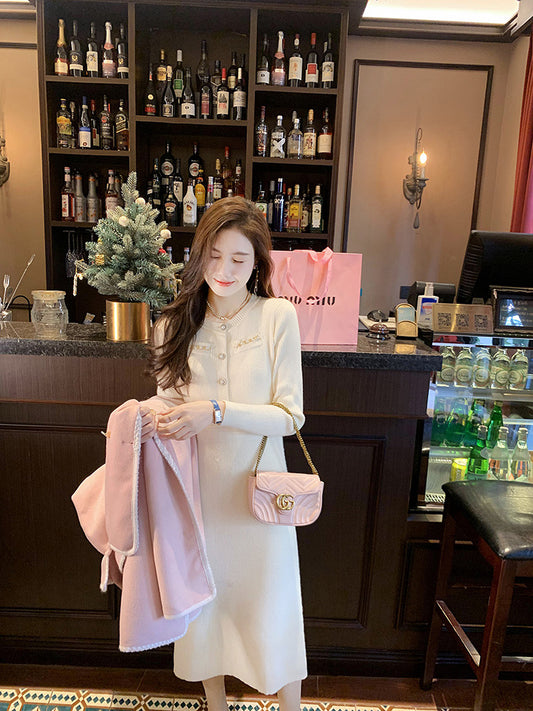 Fish Rabbit's Rabbit Xiaoxiang Style Knitted Dress Women's Waist Slimming Mid-length Knitted Skirt with Bottom Skirt