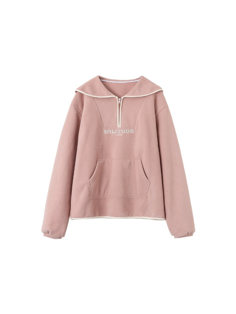 Navy Collar Fleece Sweatshirt American Zip Jacket Top