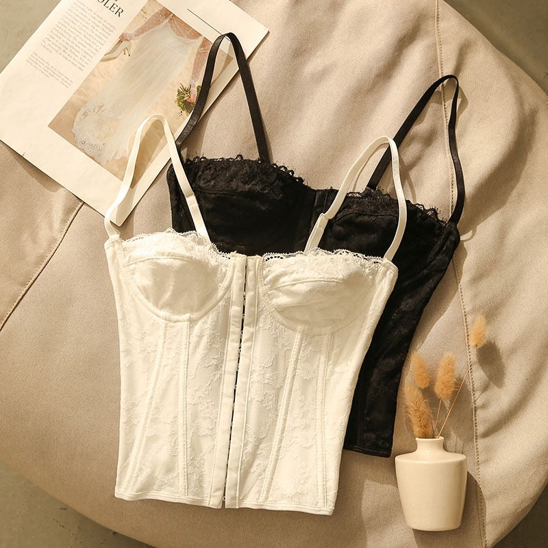 Sexy beautiful back cross camisole women's inner fishbone lace corset slim design short bottoming top