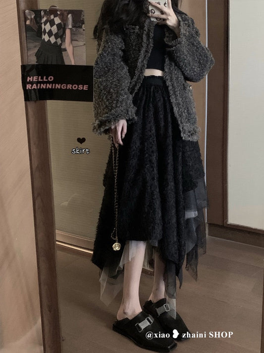 Spring season design sense niche gauze skirt package hip skirt irregular lace crochet mid-length high waist pleated skirt