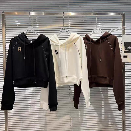 Net red with the same paragraph 2022 autumn new niche models metal letter rivets ultra-long sleeve space cotton sweater hoodie women