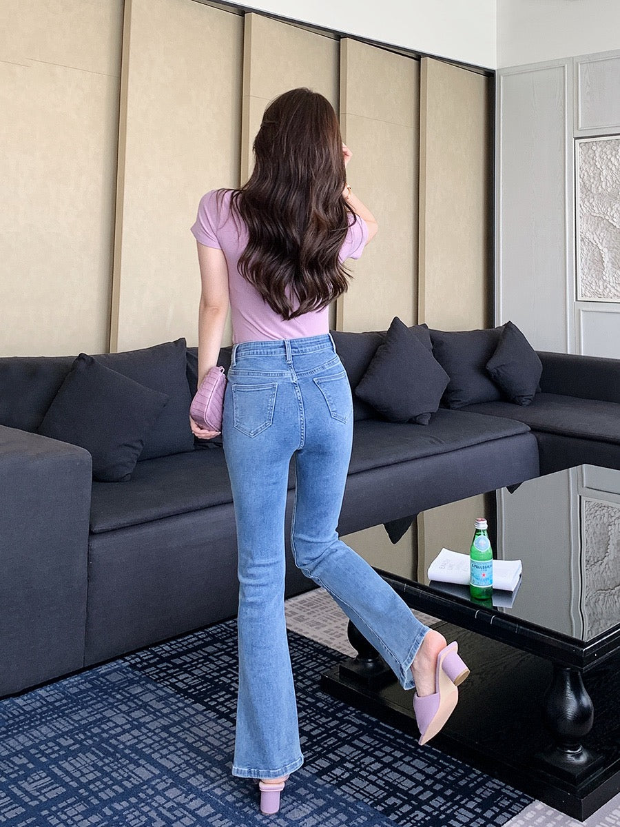 Mrs. Island Song Spring Dress 2023 New Women's Slit Slim Flared Jeans High Waist Light Color Long Pants