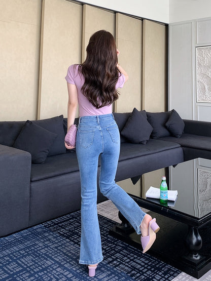 Mrs. Island Song Spring Dress 2023 New Women's Slit Slim Flared Jeans High Waist Light Color Long Pants