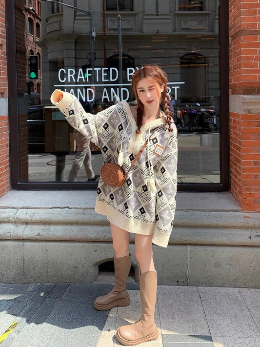 Da C Lai Ye Lazy Wind Sweater Women's Color-blocking Retro Shirt Loose Hooded Knit Sweater Mori Autumn and Winter Outerwear