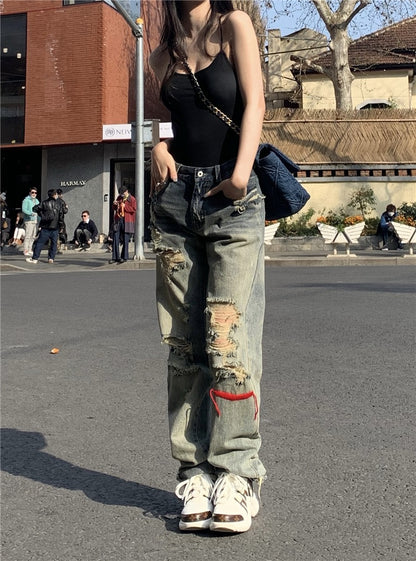 SEOUL sweet cool strappy backless bottoming vest female + old washed ripped jeans street straight casual pants