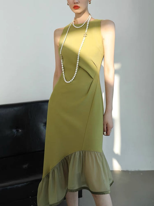 WANGXO high-end design sense light luxury sleeveless dress women's 2022 summer slim fit and thin irregular mid-length skirt