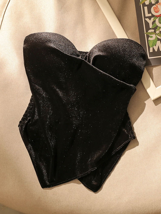 Black retro cross velvet camisole women's inner strap with chest pad irregular tube top outerwear bottoming top