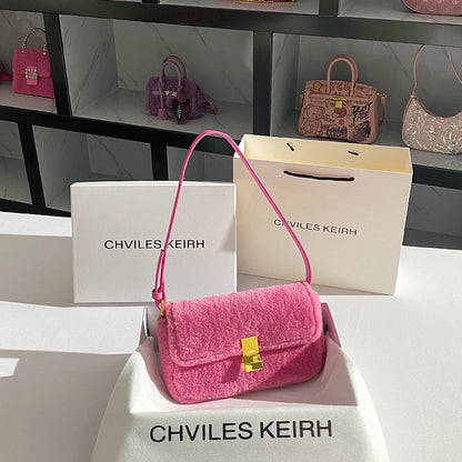 CHVILESKEIRH women's bag pink plush niche design underarm bag 2022 new trendy baguette shoulder bag