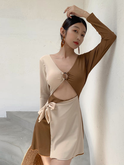 Jinzhu swimsuit women's conjoined 2022 new hot style slimming cover belly small chest conservative long-sleeved hot spring bathing suit