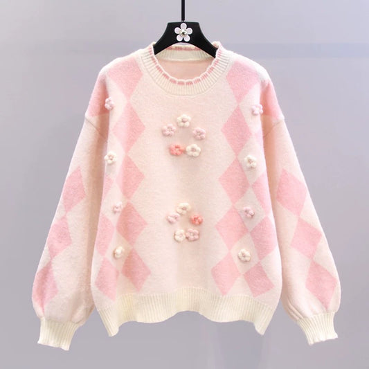 Japanese diamond-shaped small flower pullover sweater women's autumn and winter 2022 new loose fashion Western-style age-reducing knitted sweater top