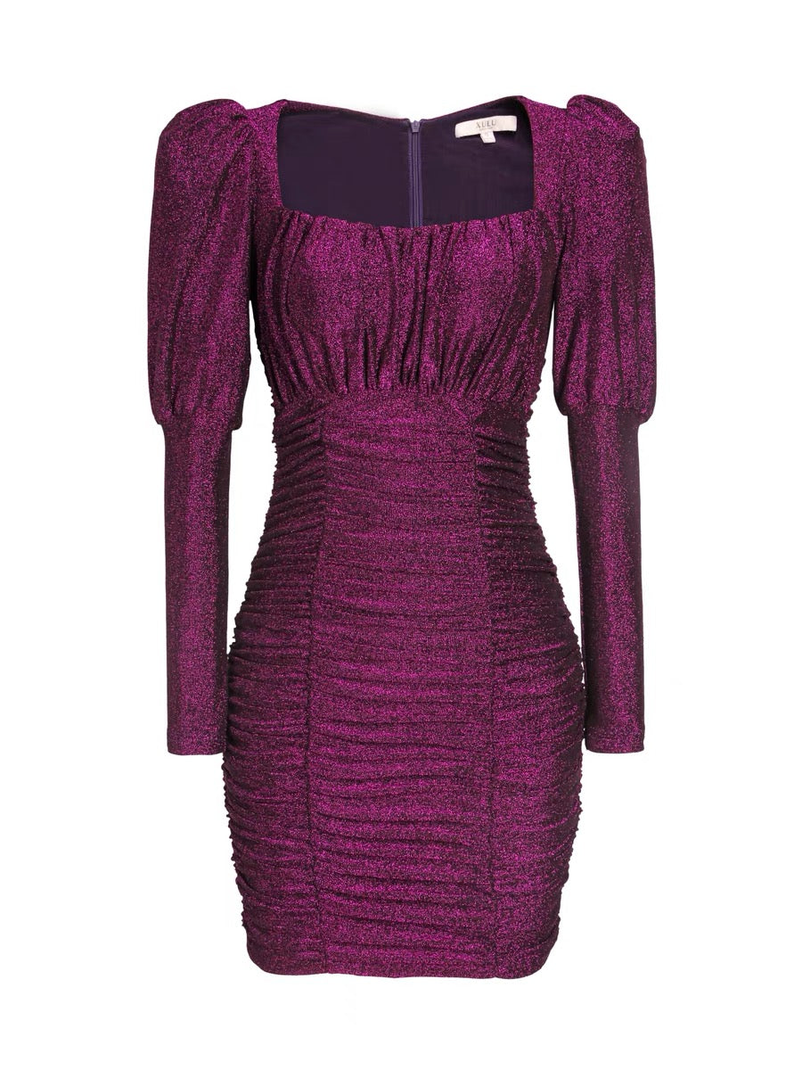 XULU original light luxury stretch knitted bright silk hip skirt temperament fashion ladies high waist long sleeve square neck dress 1190