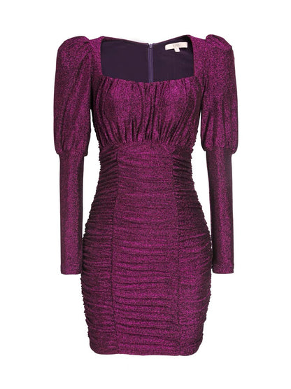 XULU original light luxury stretch knitted bright silk hip skirt temperament fashion ladies high waist long sleeve square neck dress 1190