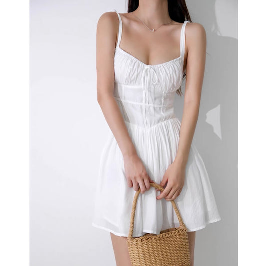 French fairy girl white V-neck wraps the chest and waist is thin, suspender skirt, female summer self-cultivation, high-purity dress