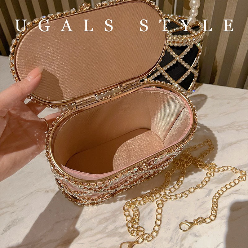 UGALS Rhombus French Retro Metal Shiny Diamond Vegetable Basket Bag Dinner Rhinestone Hand Messenger Bag