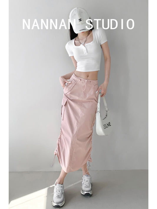 American retro sexy low-waist tooling skirt women's summer mid-length skirt side drawstring long skirt