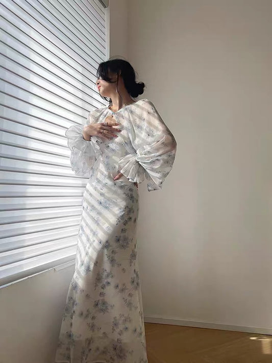 Aconiconi｜Xueyue Lanzhi light luxury high-end French chic stunning sling print coffee break dress