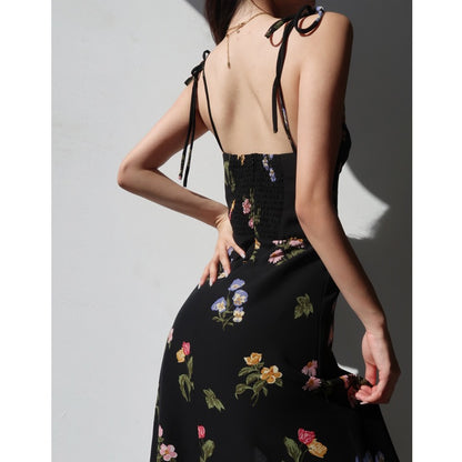 French style black printed high waist suspender skirt retro sexy waist slim side slit tie dress long skirt female
