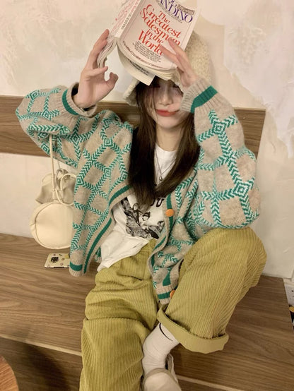 Retro Plaid Long Sleeve Sweater Jacket Women's Fall 2022 New Lazy Wind Loose Japanese Knit Cardigan Top