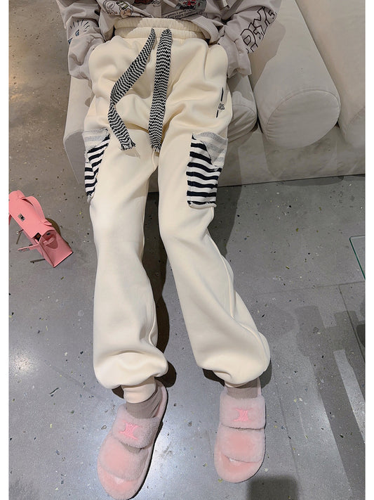 Thebestxue beige plus velvet striped pocket casual sports pants 2022 new pants women's autumn and winter fashion
