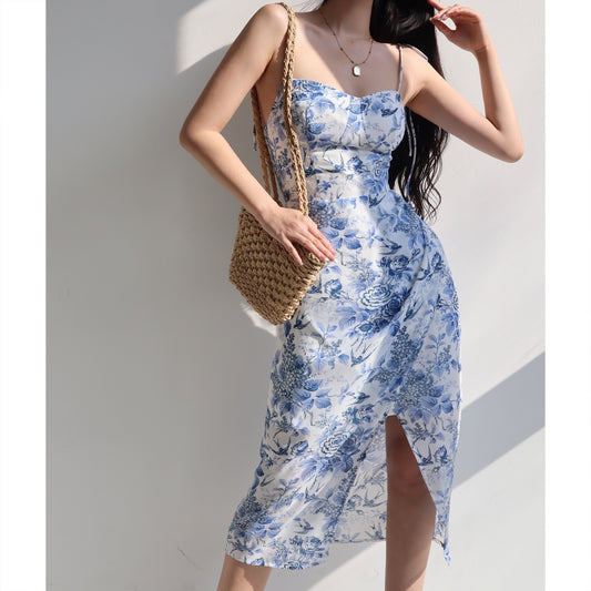 French Ink Blue Print High Waist Suspender Dress Retro Sexy Waist Slim Side Slit Holiday Dress Long Skirt