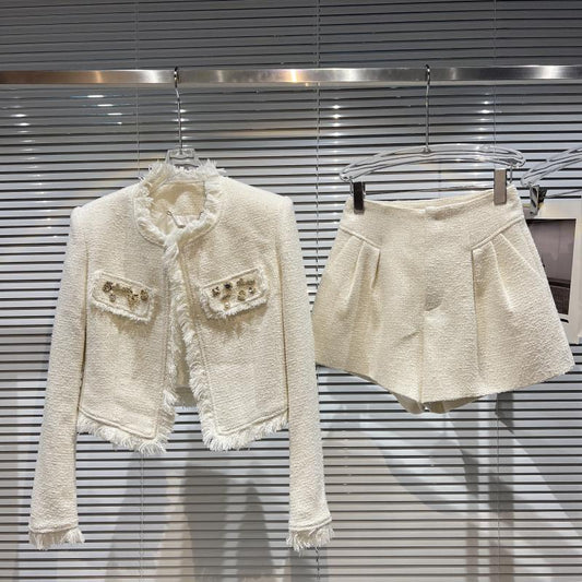Internet celebrity with the same style 2022 autumn new style small fragrance style celebrity pin tweed wool edge coat bright silk shorts suit