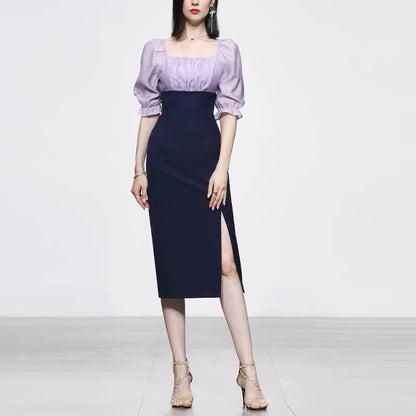 Summer women's clothing 2022 new temperament contrast color square collar lantern sleeves slim waist slim dress long skirt skirt