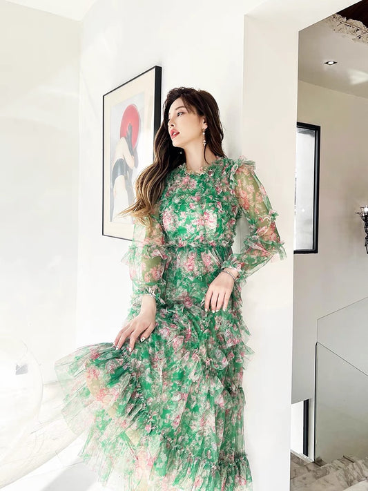 French retro elegant ruffled skirt green floral fairy seaside holiday mesh temperament large swing dress 1417