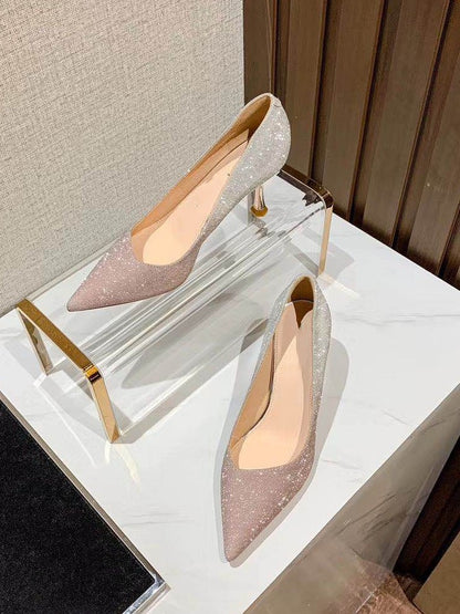 Wedding shoes female bride shoes 2023 new banquet crystal shoes pointed toe fine heel bridesmaid single shoes female eighteen years old high heels