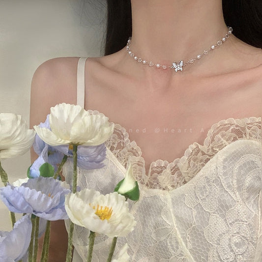Pearl crystal butterfly necklace women's summer light luxury niche design sense advanced clavicle chain choker neck necklace necklace
