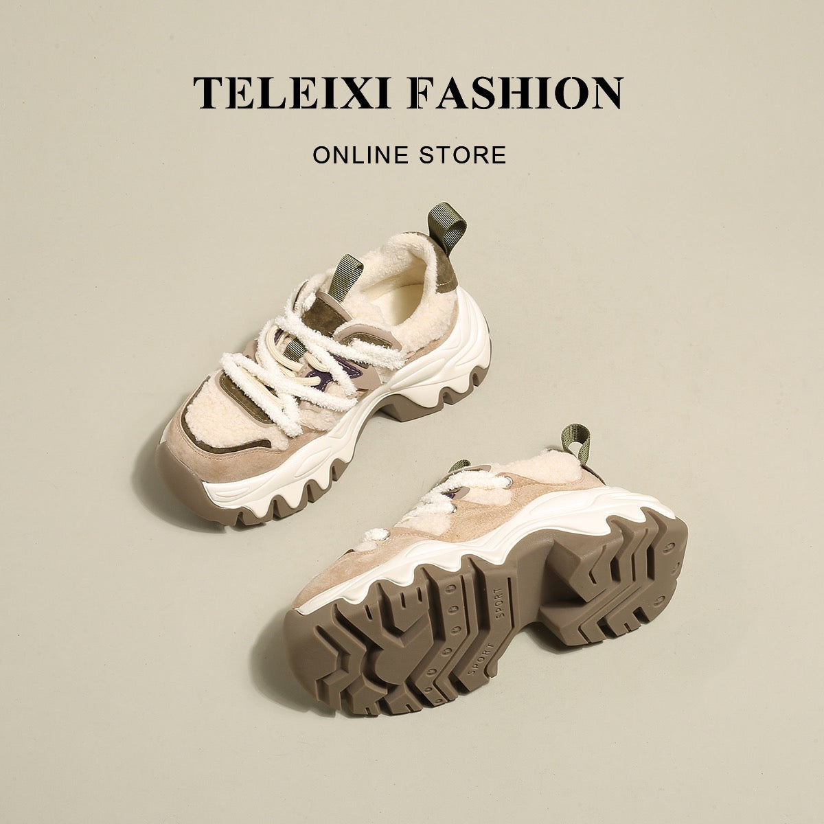 TELEIXI Mousse Cheese~Lamb wool thick-soled plus velvet daddy shoes women's autumn and winter new leather warm cotton shoes