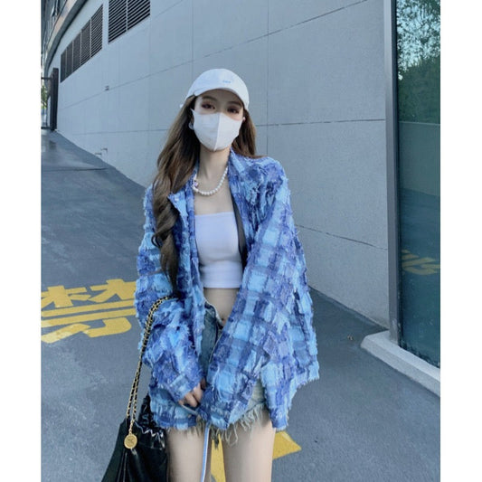 Retro chic blue plaid tassel long-sleeved shirt women's spring 2023 new mid-length loose top ins
