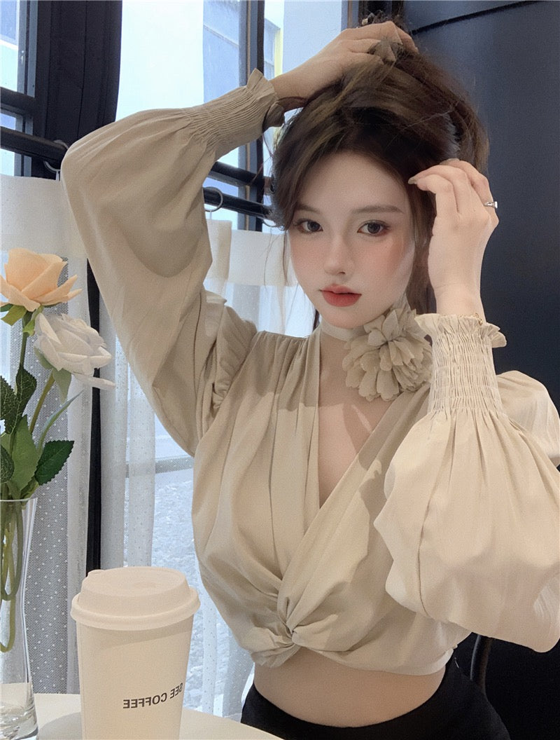 French v-neck long-sleeved shirt women's spring puff sleeve loose chic unique design sense niche short top