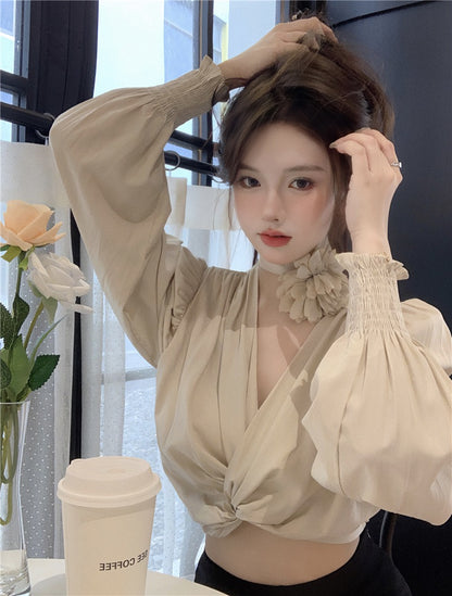 French v-neck long-sleeved shirt women's spring puff sleeve loose chic unique design sense niche short top