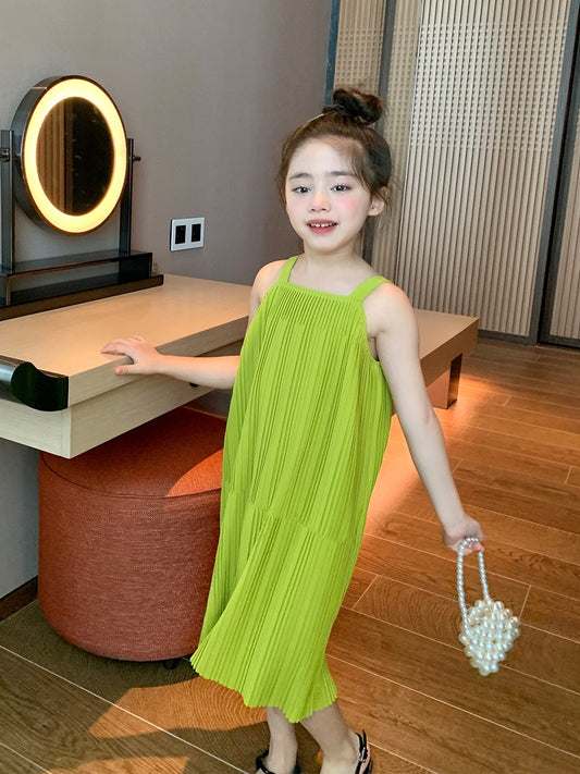 Homemade Girls Pleated Dress Vest Long Skirt Children's Wear Summer Dress Green Children's Suspender Skirt Holiday Straight Skirt