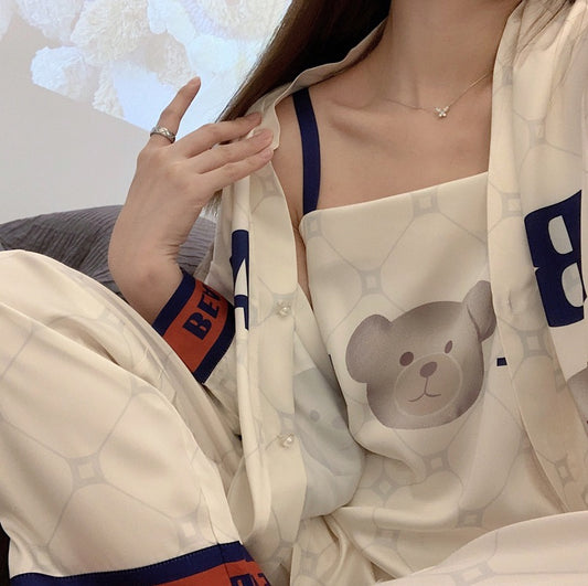 Spring, autumn and summer ice silk three-piece pajamas women's long-sleeved 2022 new cute bear suspender home service suit