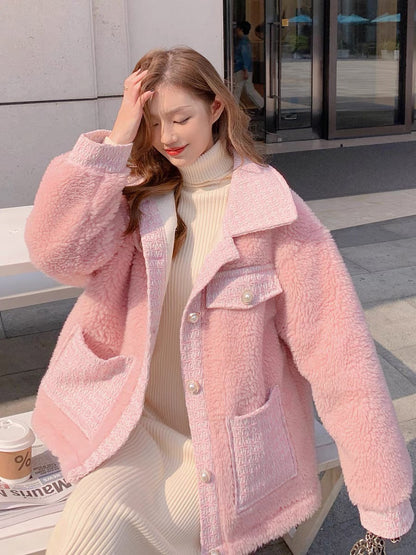 Pink lambswool coat women's autumn and winter short style small man 2022 new thickened Korean version loose fur integrated trend