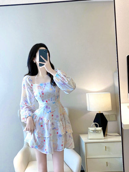 Floral Dress Women 2023 Spring and Autumn New French Style Slimming Waist Slim Temperament Sweet Long-sleeved Square Neck Cake Dress