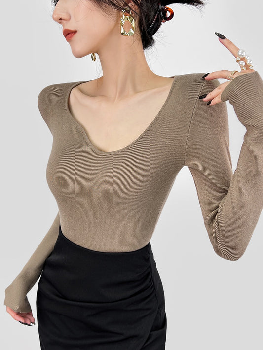 DOUBLE Z Irregular Wavy Neck Slim Slim Long-sleeved Knitwear Women's Autumn Chic Bottom Top