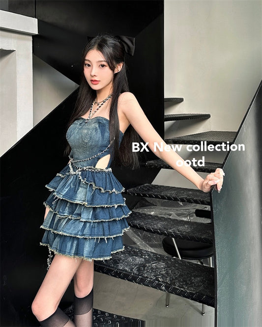 Hot girl tube top denim dress female summer sexy waistless thin skirt small high-end sense cake skirt