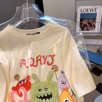 Apricot short-sleeved t-shirt women's summer loose foreign style age reduction all-match large version fun cartoon half-sleeved top clothes tide ins