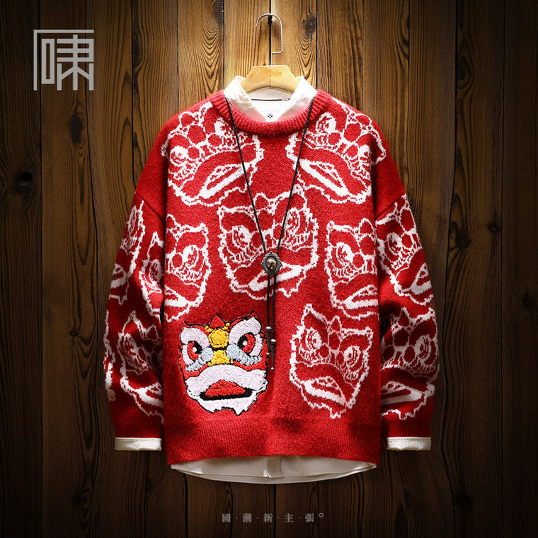 People's tide brand Guochao lion wake sweater men's Japanese style Harajuku style niche trendy men plus fleece