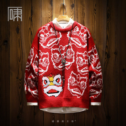 People's tide brand Guochao lion wake sweater men's Japanese style Harajuku style niche trendy men plus fleece