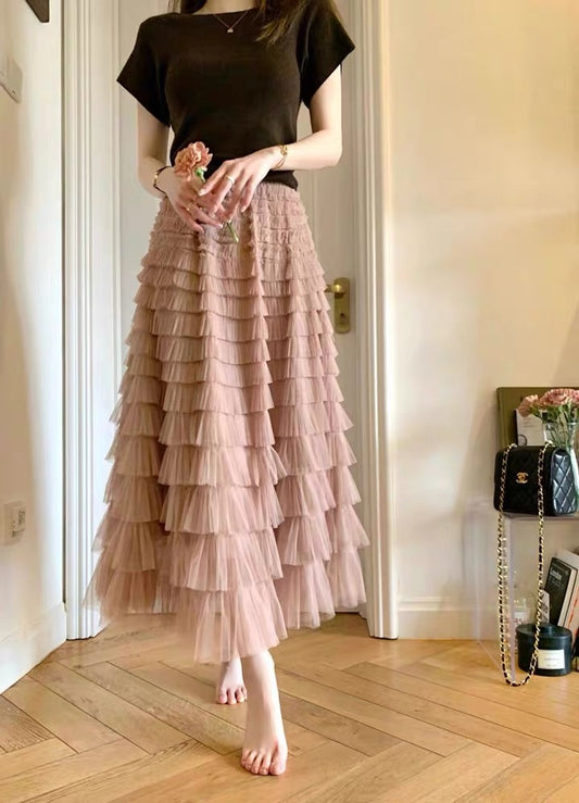 Dream Love Skirt Suit Female Summer Bandage Short Sleeve Top Temperament Fairy Mesh Cake Long Skirt Two-piece Set