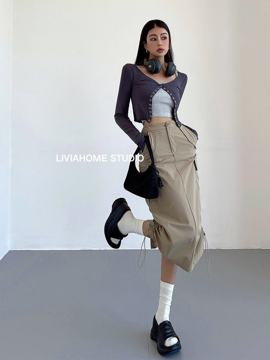 liviahome American retro multi-pocket drawstring khaki tooling skirt female autumn and winter new ins street