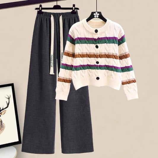 Autumn Korean color matching striped sweater high waist pants suit women's clothing 2022 new women's high-end atmosphere two-piece suit