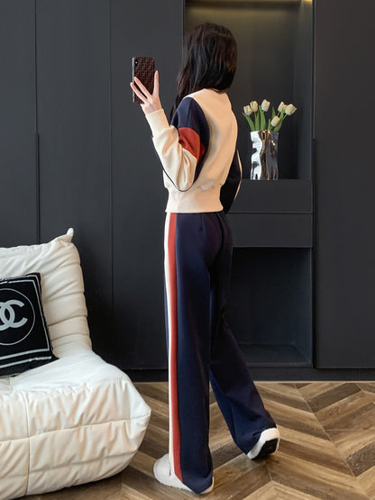 European sports and leisure suit women's autumn and winter fashion western style age reduction high-end fleece sweater wide-leg pants two-piece set