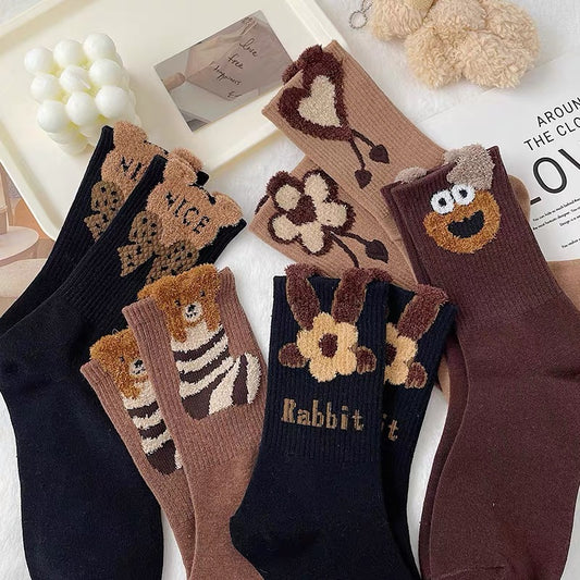 Net red AB socks female ins tide autumn and winter pure cotton cartoon socks three-dimensional feather yarn curry color long tube women's socks