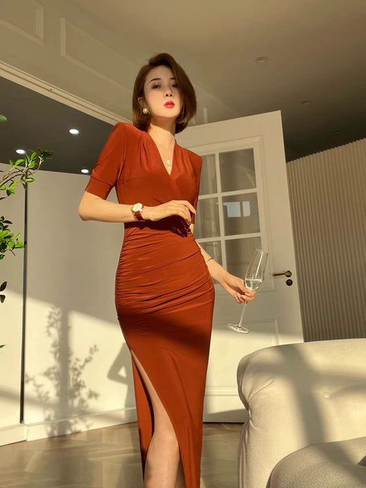 XULU original summer simple crystal linen yarn solid color skirt retro temperament slits slim pleated V-neck dress 1161