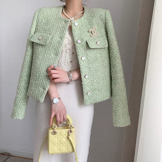 CHICROOM green small fragrance wind coat women's short small round neck commuter spring ladies wind short coat