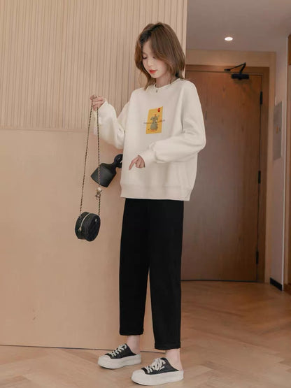 Small grain print fleece sweater women's autumn 2022 new small loose round neck pullover long-sleeved knitted top